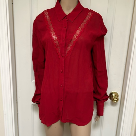 Reformation Sheer Red Long Sleeve Button Up Lace Front Detail Blouse Semi Sheer - Picture 1 of 6